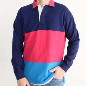 Vintage Gant Rugger Navy Pink Blue Polo Long Sleeve 100% Cotton Shirt Size Large